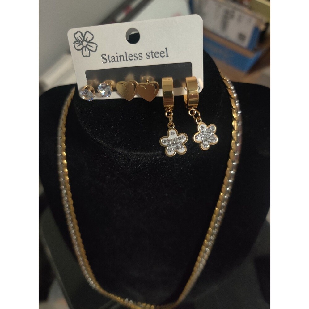 Gold Tone Stainless Steel Flower Cubic Zirconia Necklace & Earrings Set